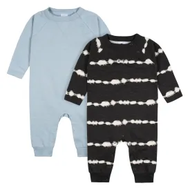 2-Pack Baby Boys Dark Gray Tie Dye & Blue Raglan Sleeve Romper