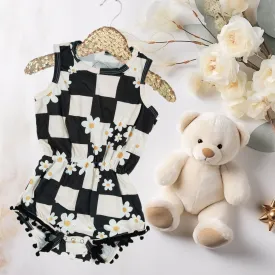 Baby Girls Black & White Check Daisy Pom Romper