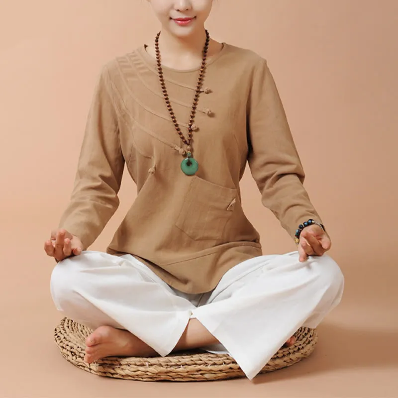 Buddha Stones 2Pcs Long Sleeve T-Shirt Tee Pants Meditation Zen Tai Chi Linen Clothing Women's Set