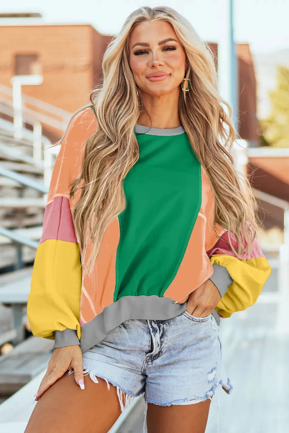 Color Block Round Neck Long Sleeve Top