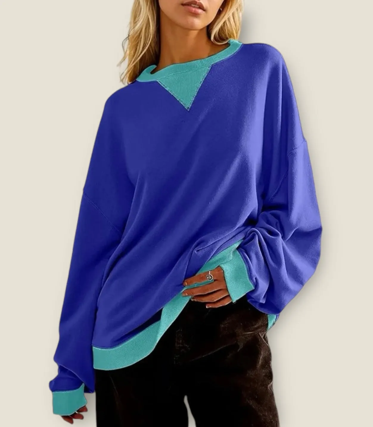 Contrast Trim Round Neck Long Sleeve Sweatshirt