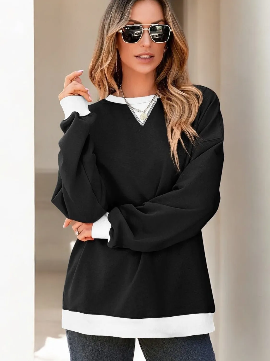 Contrast Trim Round Neck Long Sleeve Sweatshirt