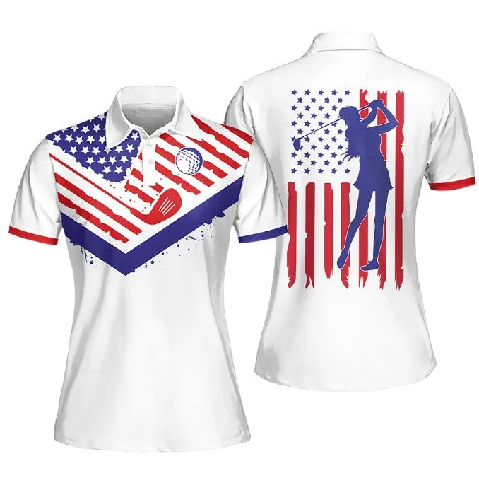 Custom Golf Shirts for Women, Golf Texture America Flag Sleeveless Polo Shirt, Women's Golf Jerseys