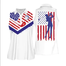 Custom Golf Shirts for Women, Golf Texture America Flag Sleeveless Polo Shirt, Women's Golf Jerseys