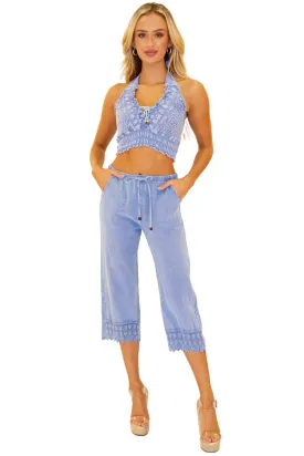 'Dawn' Crochet Hem Capris Blue