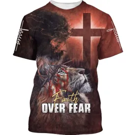 Faith Over Fear Lion Jesus 3d Shirts - Christian T Shirts For Men And Women