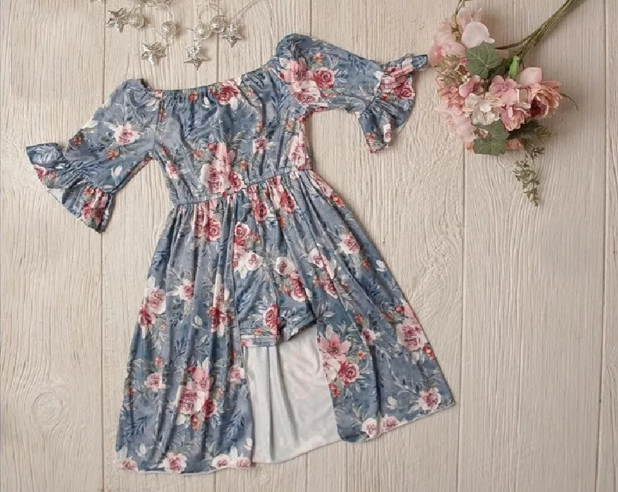 Girls Navy Blue Floral Skirted Romper