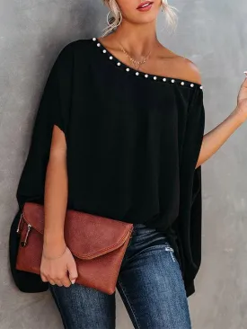 Loose Raglan Sleeve Beaded One-Shoulder T-Shirts Tops