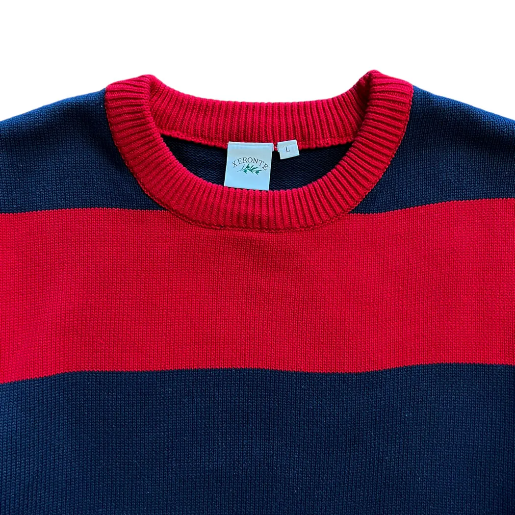 Navy Blue And Red Rugby Stripe Mens Cotton Crewneck Sweater