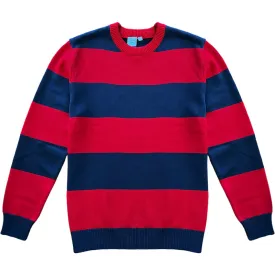 Navy Blue And Red Rugby Stripe Mens Cotton Crewneck Sweater