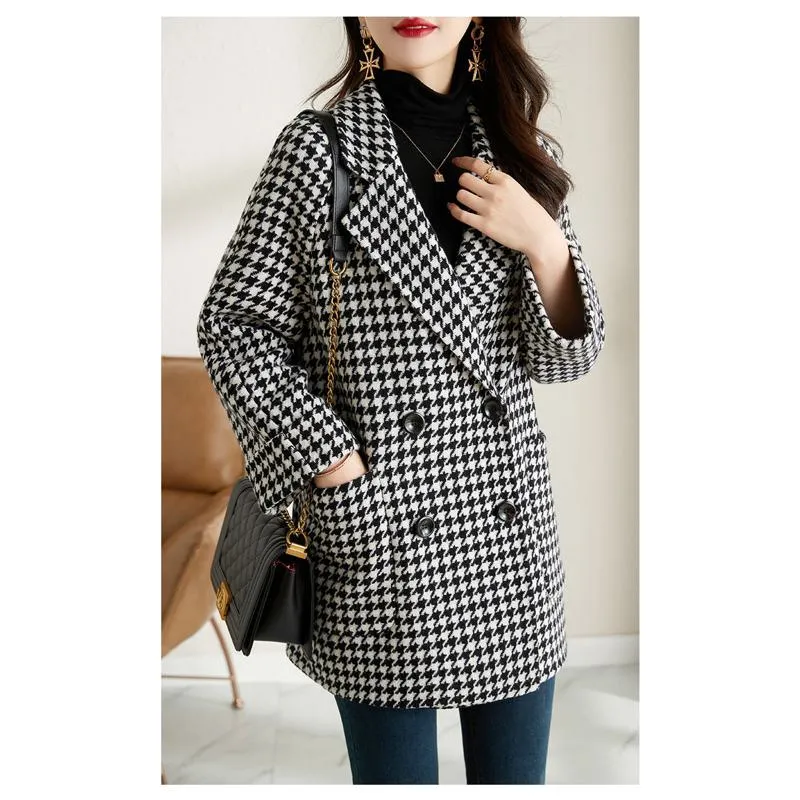 Plaid Woolen Chic Wool Thigh-Length Mac Coat