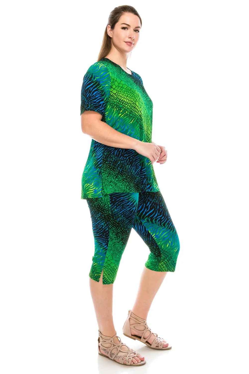 Plus Size Print  Capri Pant Set-9003BN-SXP1-W182