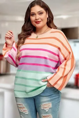 Plus Size Striped Round Neck Long Sleeve Sweater