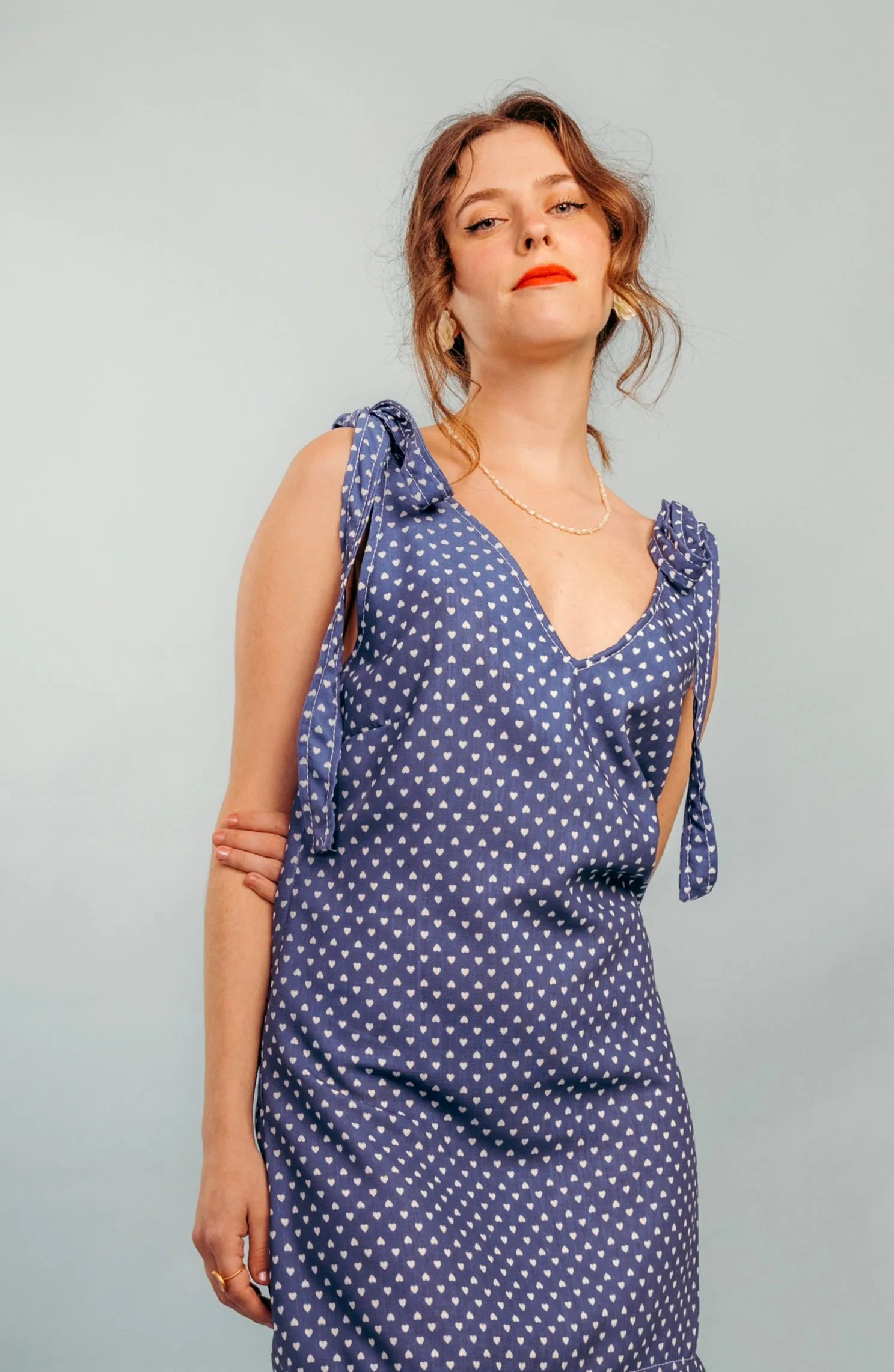 “Rosemary” dress in blue with white hearts