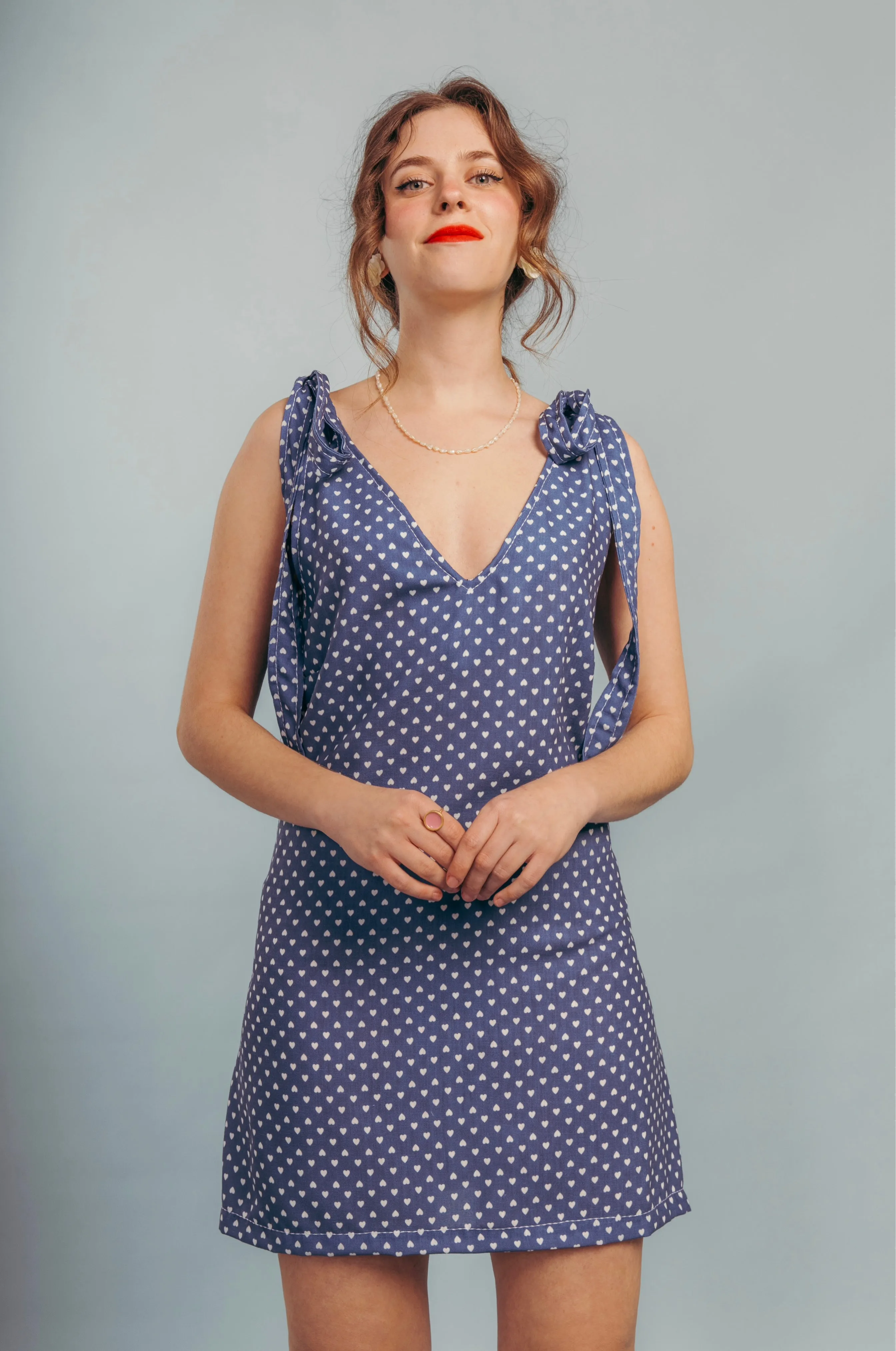 “Rosemary” dress in blue with white hearts