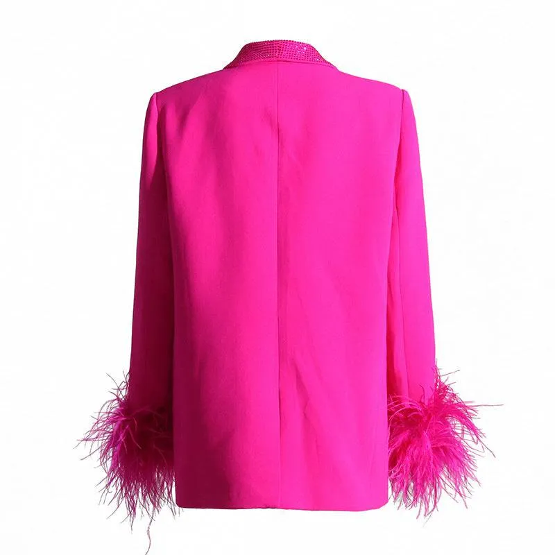 Sara long sleeve feather blazer with diamond collar