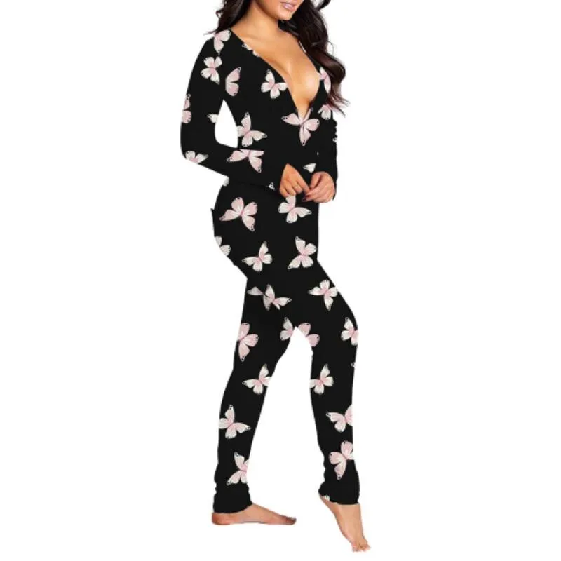 Sexy Print Women's Onesies Sleep Jumpsuit Long Sleeve  Deep V Neck Bodycon Pajamas Jumpsuit Rompers Sleepwear