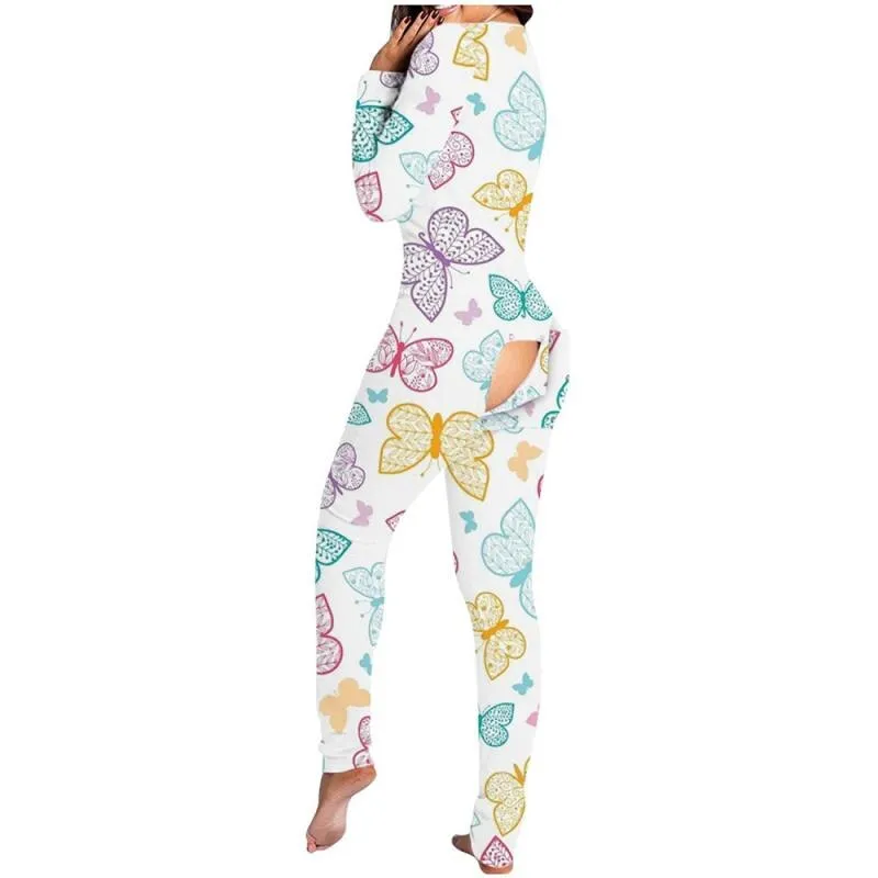 Sexy Print Women's Onesies Sleep Jumpsuit Long Sleeve  Deep V Neck Bodycon Pajamas Jumpsuit Rompers Sleepwear