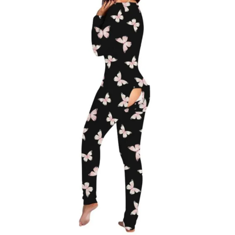 Sexy Print Women's Onesies Sleep Jumpsuit Long Sleeve  Deep V Neck Bodycon Pajamas Jumpsuit Rompers Sleepwear