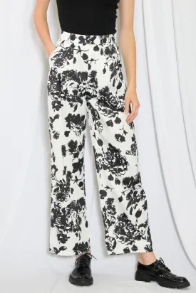 Silk Printed Black and White Floral Pants