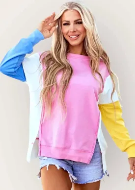 Slit Contrast Round Neck Long Sleeve Sweatshirt