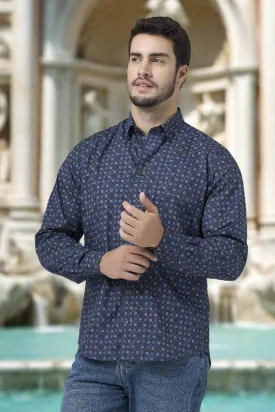 Stunning Print on Navy Hidden Button Down Long Sleeve Sport Shirt