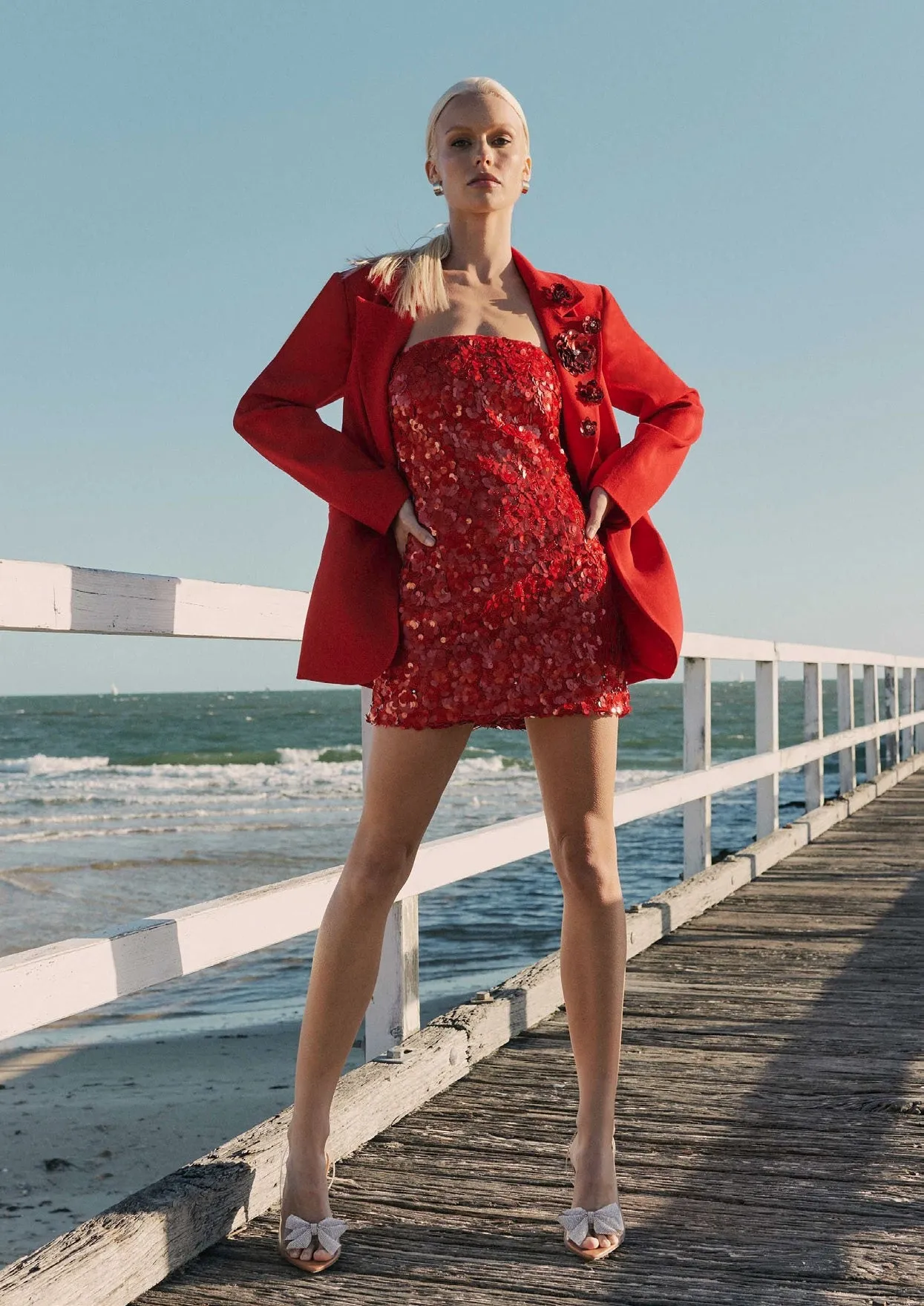 Tailored Longline Blazer with Sequin Rosette - Red