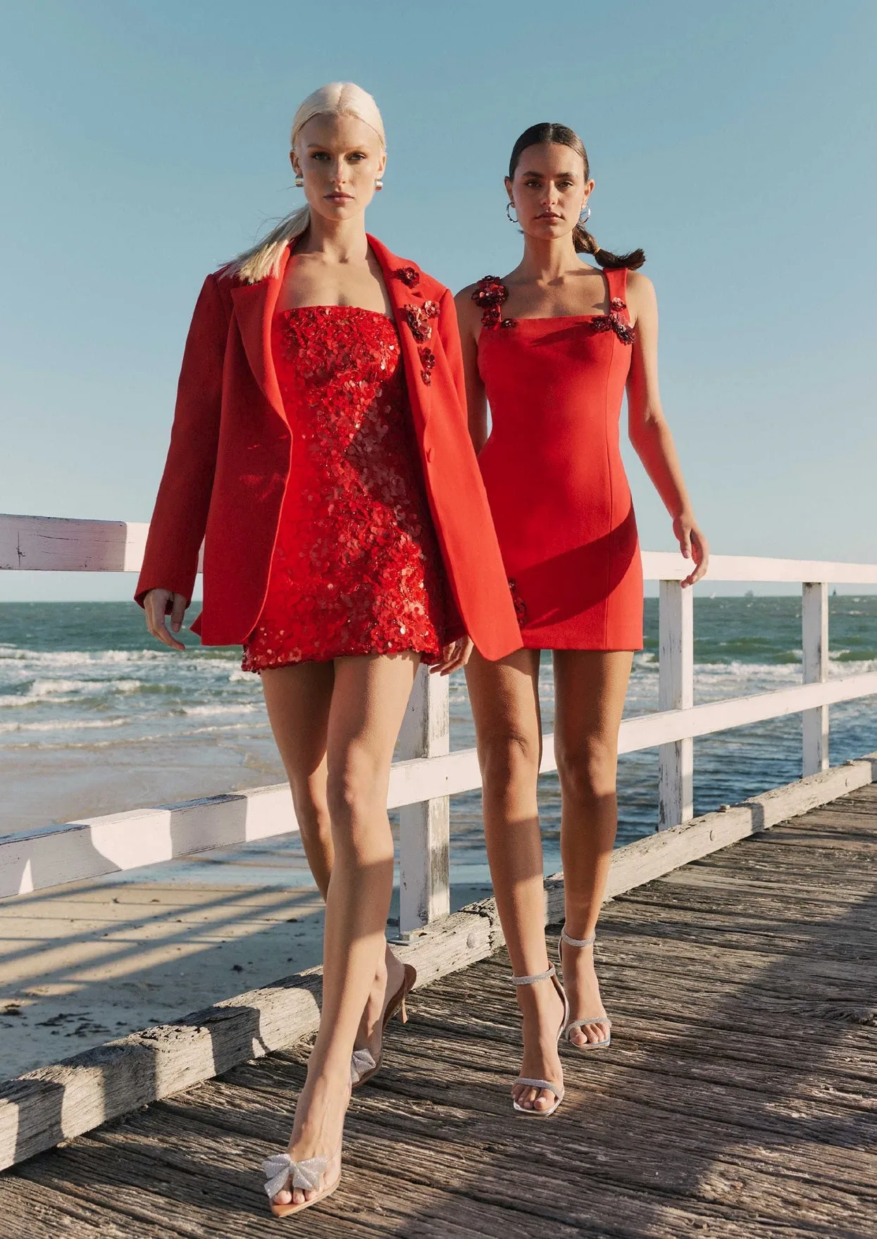 Tailored Longline Blazer with Sequin Rosette - Red