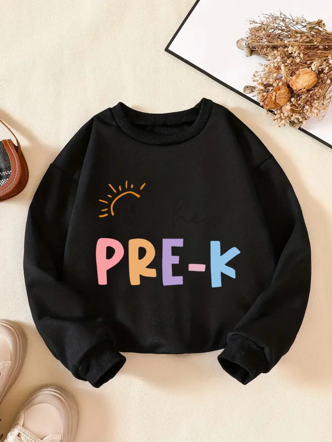 Vibrant PRE-K Lettering Print Girl's Comfy Crew Neck Long Sleeve Sweatshirt - Soft, Breathable, and Cozy for Daily Wear and Outdoor Activities - Perfect for School, Casual Events, and Gift Giving